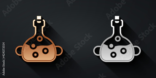 Gold and silver Poison in bottle icon isolated on black background. Bottle of poison or poisonous chemical toxin. Long shadow style. Vector