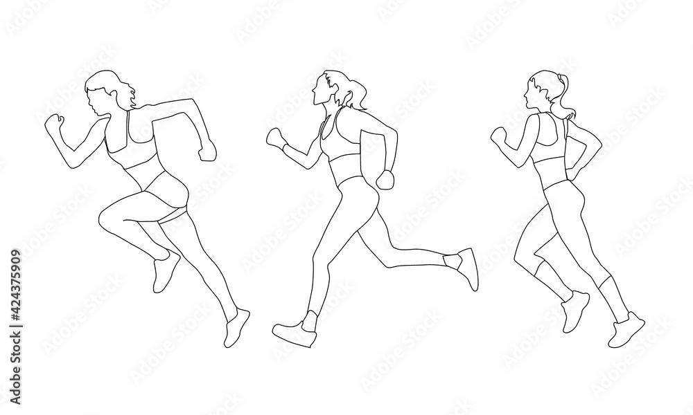 Silhouette of the lines of three running girls. Vector illustration