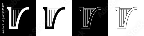 Set Harp icon isolated on black and white background. Classical music instrument, orhestra string acoustic element. Vector