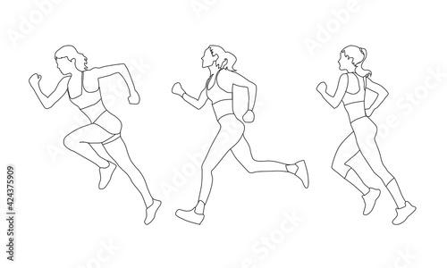 Silhouette of the lines of three running girls. Vector illustration