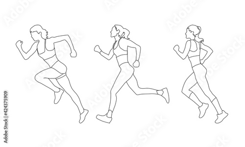 Silhouette of the lines of three running girls. Vector illustration