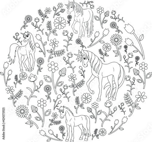 Coloring page  circular pattern with unicorns  strawberries and flowers 