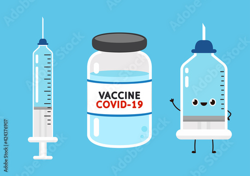 Syringe character design. Vaccine Covid-19. Syringe and Vaccine vector. Vaccine virus Covid-19.