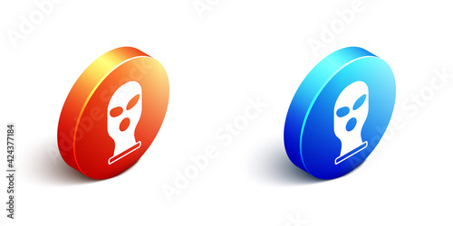 Isometric Balaclava icon isolated on white background. A piece of clothing for winter sports or a mask for a criminal or a thief. Orange and blue circle button. Vector