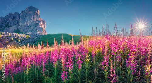 Gorgeous summer view of Ra Gusela peak, Averau - Nuvolau group. Spectacular outdoor scene from the pot of Giau pass. Marvelous summer landscape of Dolomiti Alps, Italy, Europe. photo