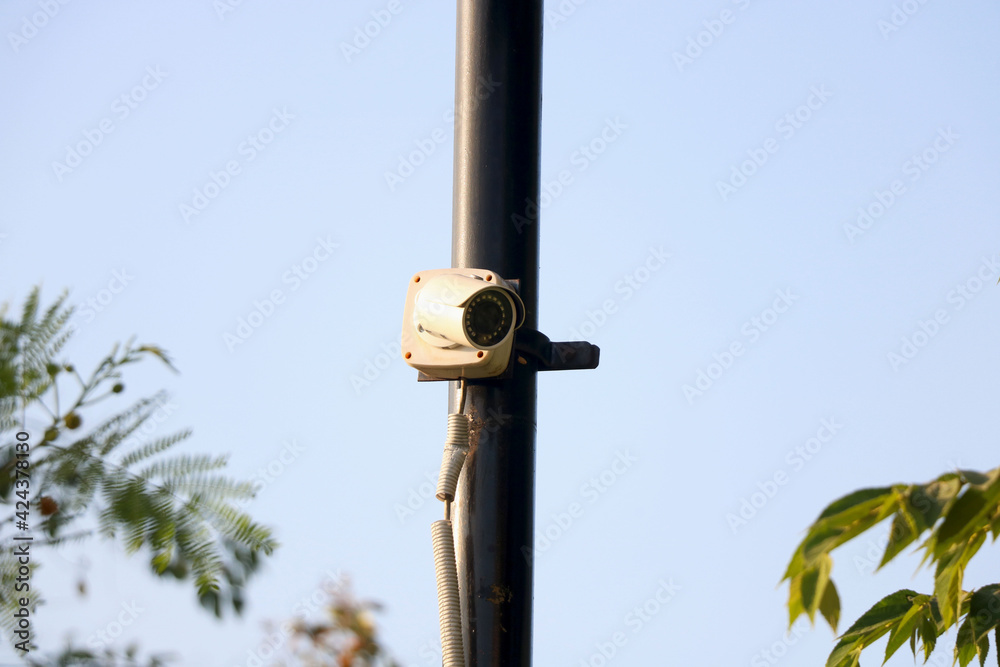 image of closed-circuit television installed on iron bar image of closed-circuit television installed on iron bar