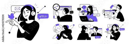 Business Concept illustrations. Collection of scenes with men and women taking part in business activities