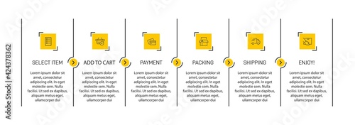 Concept of shopping process with 6 successive steps. Six colorful graphic elements. Timeline design for brochure, presentation, web site. Infographic design layout.