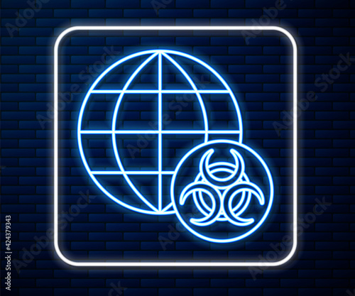 Glowing neon line GMO icon isolated on brick wall background. Genetically modified organism acronym. Dna food modification. Vector