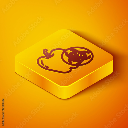 Isometric line Genetically modified apple icon isolated on orange background. GMO fruit. Yellow square button. Vector