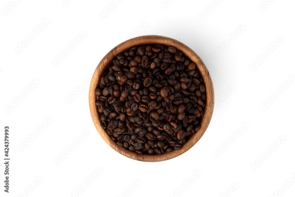 Coffee beans in wooden bowl isolated on white background. Coffee beans in wooden bowl isolated on white background.