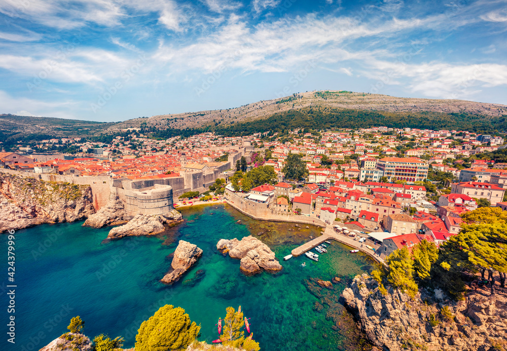 Сharm of the ancient cities of Europe. Aerial morning view of famous Fort Bokar in city of Dubrovnik. Sunny summer seascape of Adriatic sea, Croatia. Beautiful world of Mediterranean countries.