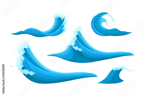 Flooding waves and tides elements. Set of waves causing destruction and ruining safety. Cartoon vector illustration isolated in white background