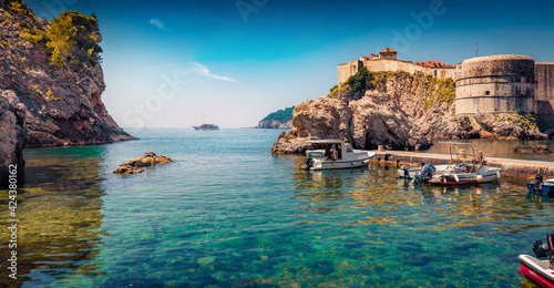 Сharm of the ancient cities of Europe. Sunny morning view of famous Fort Bokar in city of Dubrovnik. Picturesque summer seascape of Adriatic sea, Croatia, Europe. Traveling concept background..