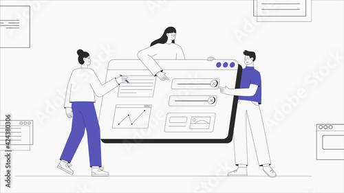 Flat style business people illustration. Software development company, coding and programming. workflow organization, developing computer software. Modern flat outline style.