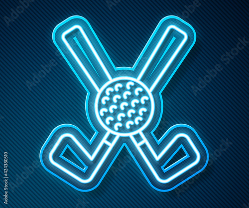 Glowing neon line Crossed golf club with ball icon isolated on blue background. Vector
