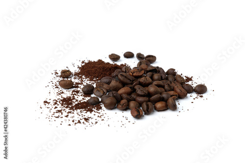 Coffee beans and powder isolated on white background.