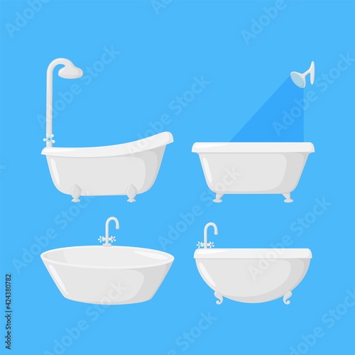 Bathtubs for bathroom with shower and faucet equipment. Set of four tubs isolated in blue background. Vector illustration in cartoon style