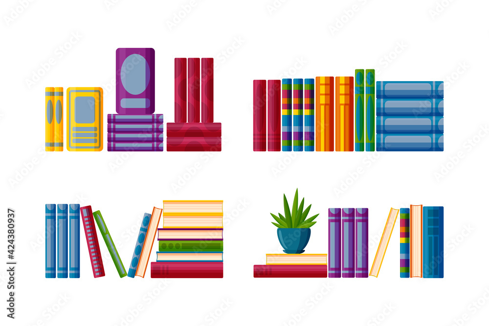 Shelves with study books. Set for bookstore shelves in cartoon style. Vector illustration on white background Shelves with study books. Set for bookstore shelves in cartoon style. Vector illustration on white background