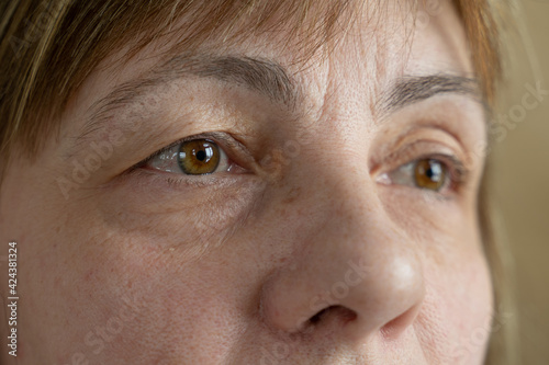 Portrait of an old woman. Large wrinkles on the old woman's face. Face close up. 