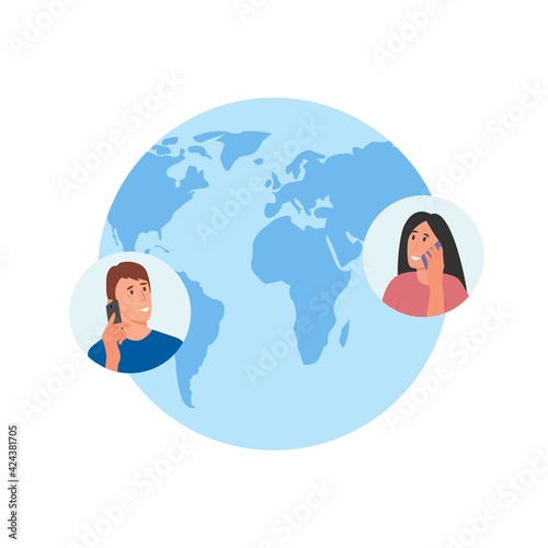Friends talking on the phone.People chatting from different parts of the world. Conversation concept vector illustration.Long distance relationships