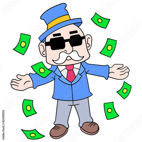 arrogant rich old man is splurging on dollars. doodle icon image kawaii