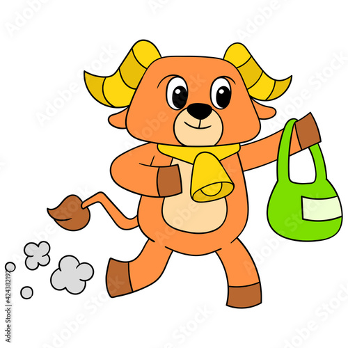 buffalo carrying groceries with happy hearts after shopping. doodle icon image kawaii