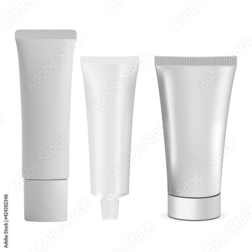 Cosmetic cream tube mockup. White plastic container for shampoo, cream, toothpaste. Dental product bottle. Lotion tube blank illustration, medical treatment tube, skin moisturizer