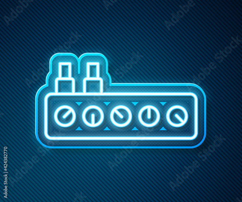 Glowing neon line Sound mixer controller icon isolated on blue background. Dj equipment slider buttons. Mixing console. Vector