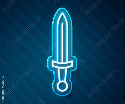 Glowing neon line Medieval sword icon isolated on blue background. Medieval weapon. Vector
