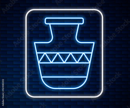 Glowing neon line Ancient amphorae icon isolated on brick wall background. Vector
