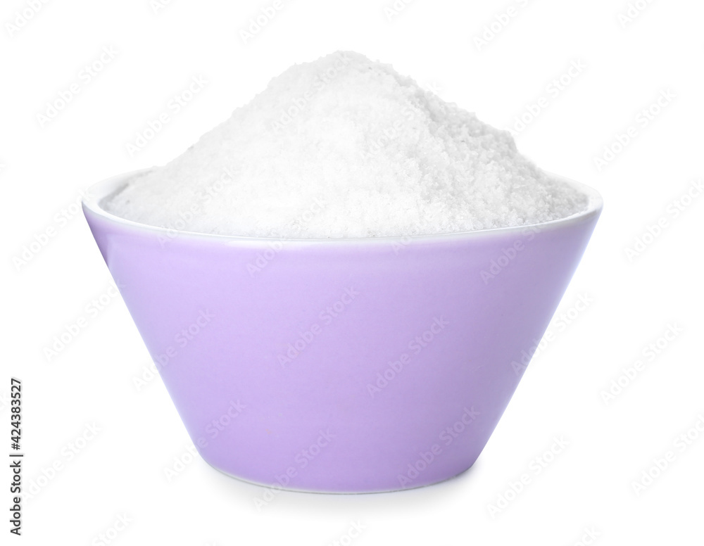 Bowl of salt on white background