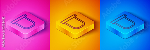 Isometric line Bicycle lock U shaped industrial icon isolated on pink and orange, blue background. Square button. Vector