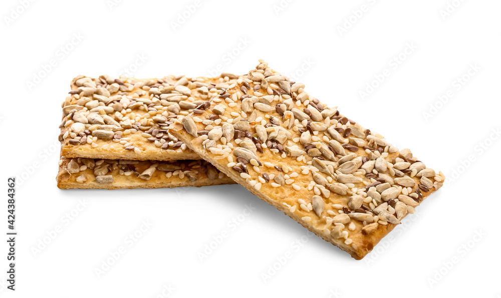 Tasty crackers with seeds on white background Tasty crackers with seeds on white background