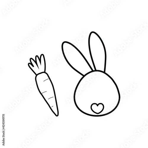 Very cute rabbit and carrot on a white background for coloring. Easter icon. Printing on decorative pillows  notebooks  interior design  kitchen textiles. Vector graphics.