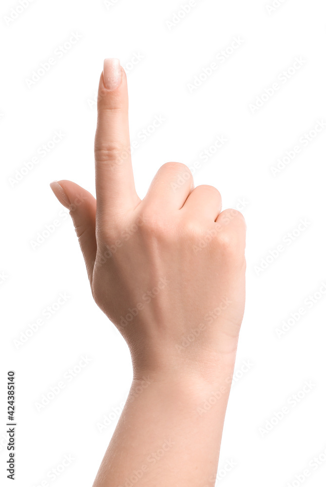 © Pixel-Shot - Female hand showing something on white background