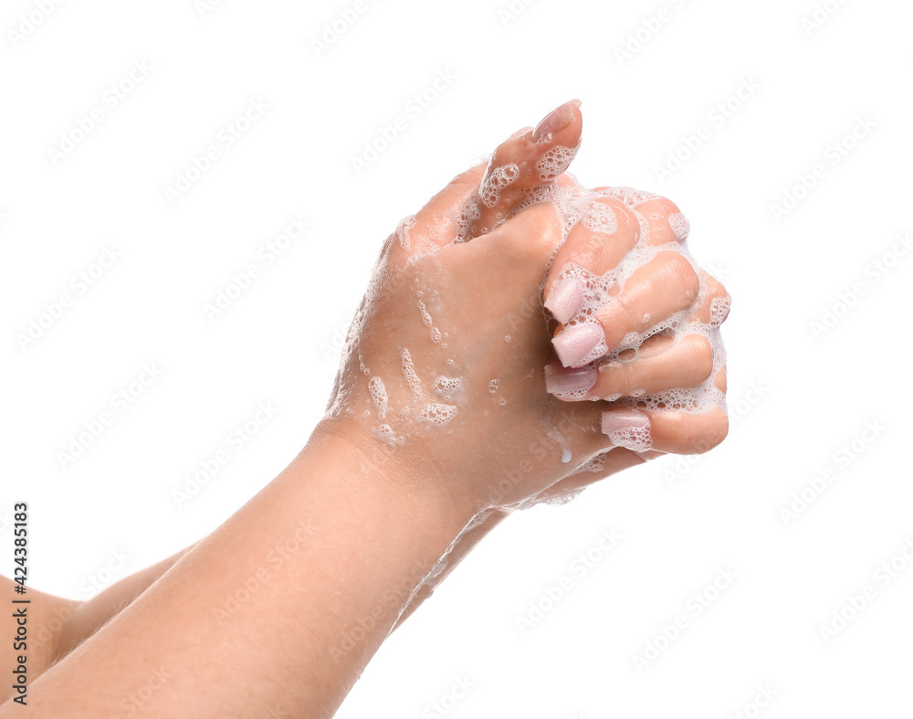 Fototapeta premium Personal hygiene and health care with woman washing hands thoroughly with soap lather and bubbles, personal hygiene and health care are essential for preventing the spread of illness