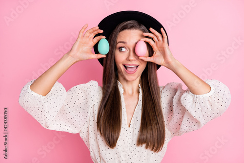 Canvas Print Photo of pretty impressed young lady wear white outfit cap easter eggs close eye