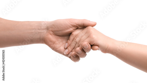 Man and woman shaking hands on white background