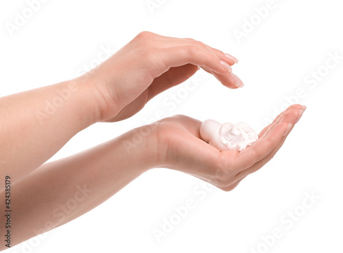 Woman washing hands on white background