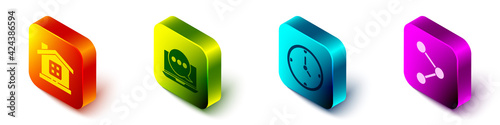 Set Isometric House, Chat messages notification on laptop, Clock and Share icon. Vector