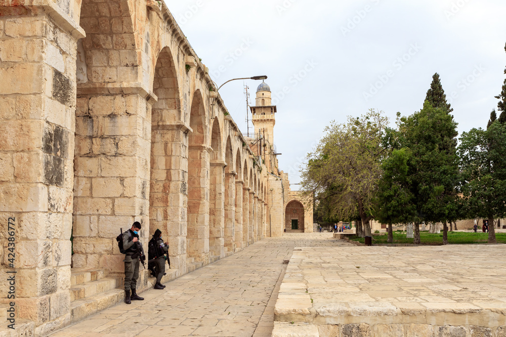 Temple Mount. View from the entrance through the Maghreb Gate, in the old city of Jerusalem, in Israel