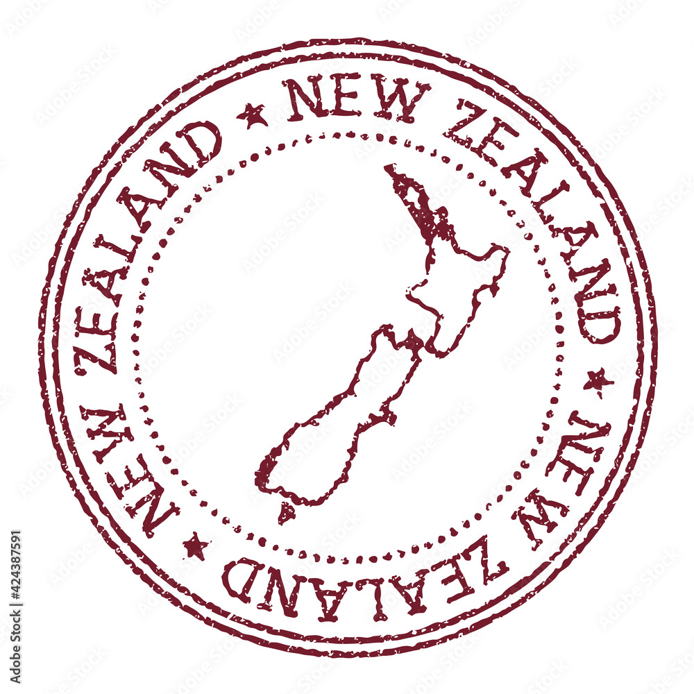 New Zealand round rubber stamp with country map. Vintage red passport stamp with circular text and stars, vector illustration. New Zealand round rubber stamp with country map. Vintage red passport stamp with circular text and stars, vector illustration.