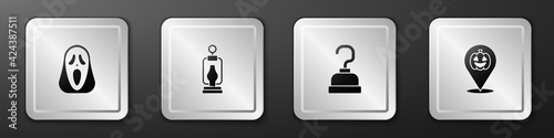 Set Funny and scary ghost mask, Camping lantern, Pirate hook and Pumpkin icon. Silver square button. Vector