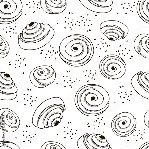 Seamless pattern of the cinnamon roll outline. Cartoon vector background. Coloring book