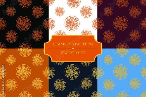 Set of seamless patterns with orange and lemon fruit. Collection of vector illustrations for designing posters, cards, prints, stickers, fabric, textile, gift paper, scrapbooking, cafe, restaurant
