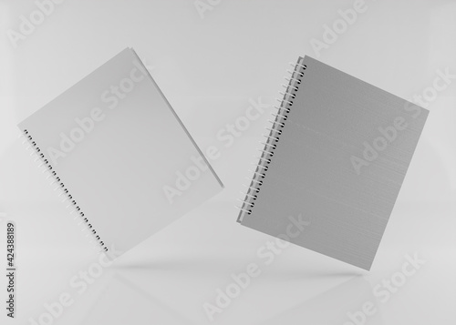 Two flying paper notebooks 3d rendering for mockup