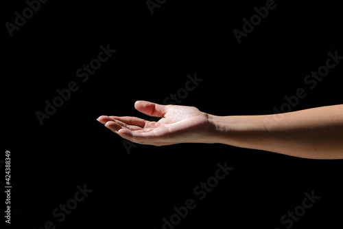 The girl's hands show various gestures on black background