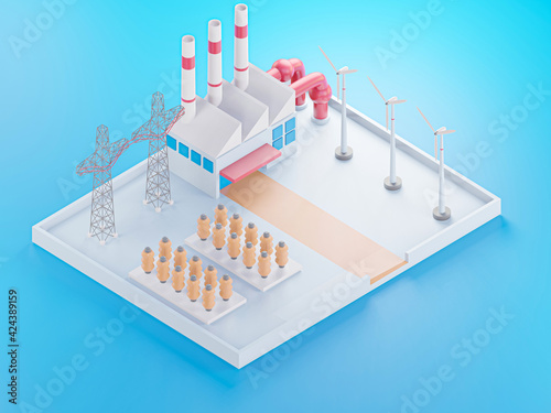 Perspective view on power electricity industry factory building in cartoon style , industry concept - 3D render