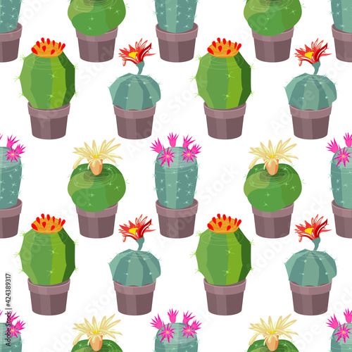 Seamless pattern with different sorts of succulents. Assorted cactuses in endless texture.